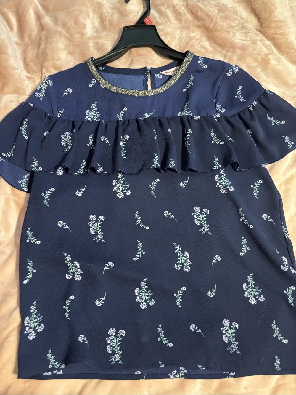 Juicy Couture Navy Floral Ruffle-Trim Blouse with Glitter Neck
